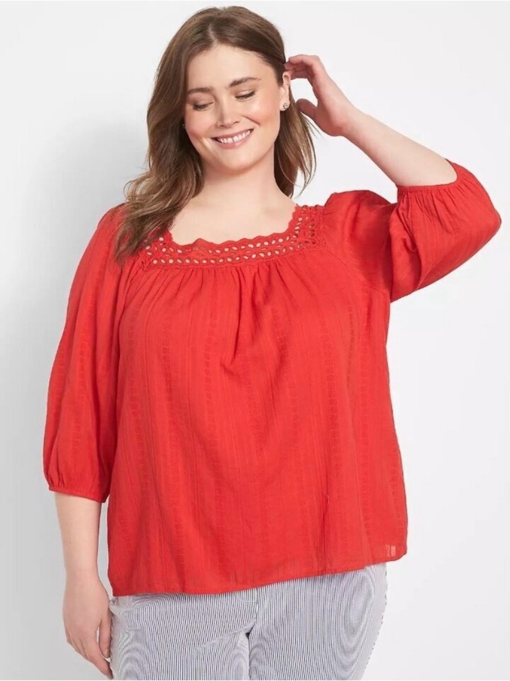 Lane Bryant Women’s Red Lace Trim Peasant Blouse boho